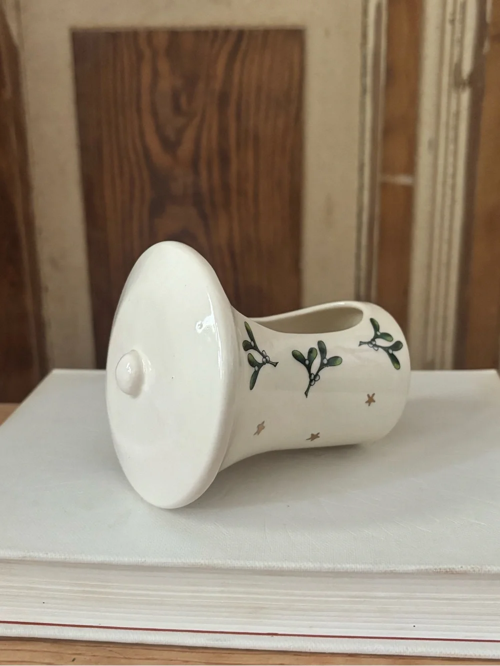 White Ceramic Bell Ornament with Pink Angel Figurines